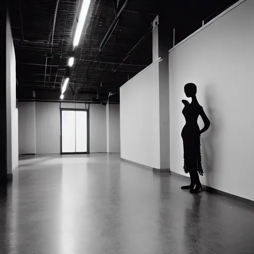 Image similar to empty retail backroom room with a lone surprised fashionable mannequin girlfriend in front of the camera cinestill 7 0's film liminal