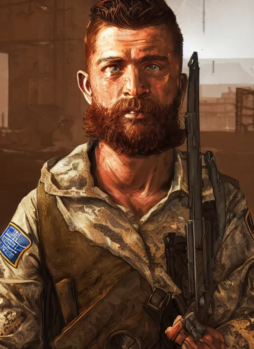 Prompt: A comic book style portrait painting of a ranger soldier sheriff in a post apocalyptic setting, unreal 5, DAZ, hyperrealistic, octane render, RPG portrait, dynamic lighting