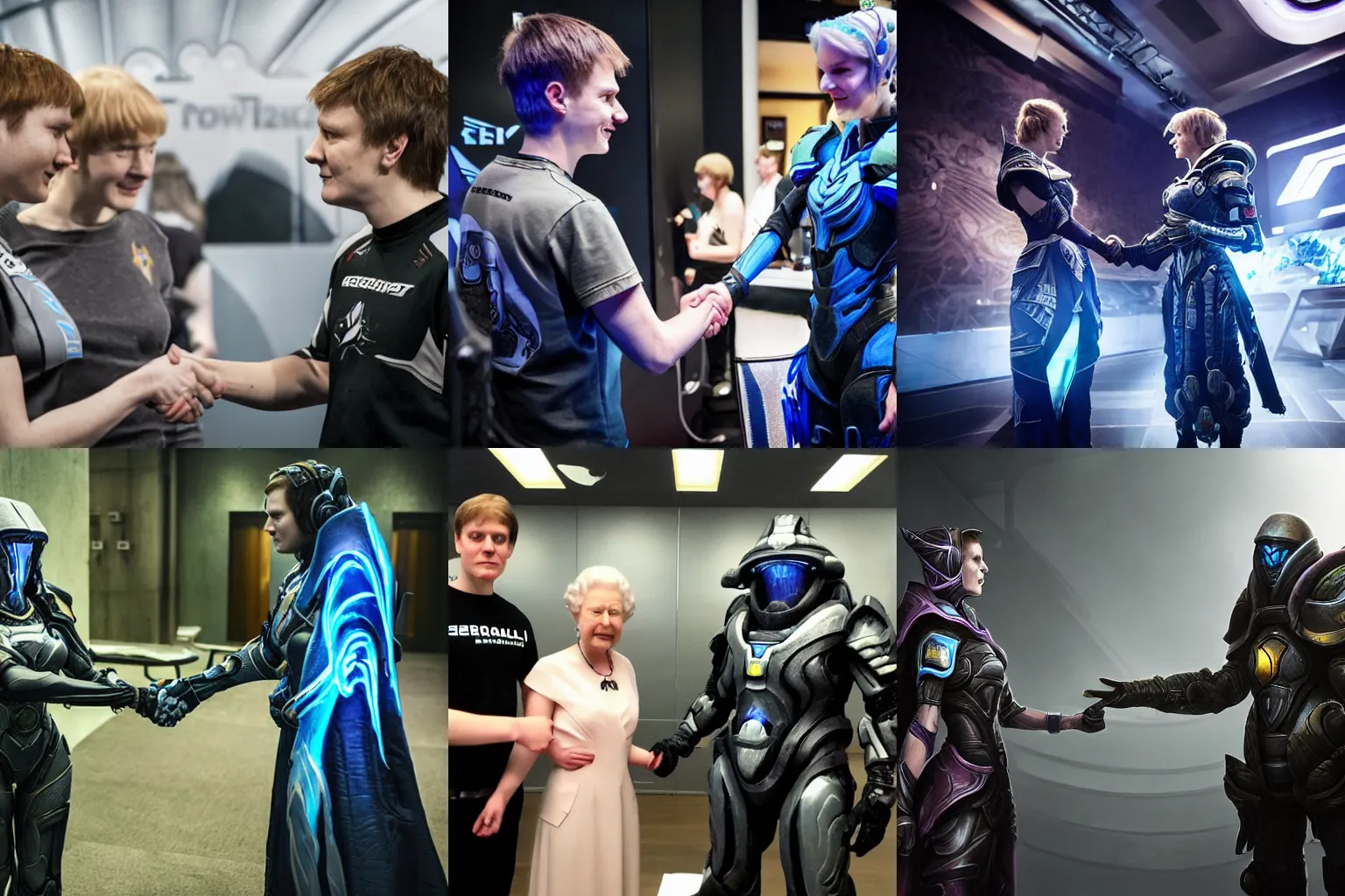 Prompt: Serral a finnish Starcraft player is shaking hands with The Queen of Blades a Starcraft character, epic cinematic photo