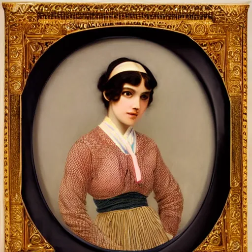 Image similar to maid uniform, symmetric beautiful face, orientalism portrait of a cute young woman with twin tails by Edwin Longsden Long and Theodore Ralli and Nasreddine Dinet and Adam Styk masterful intricate artwork