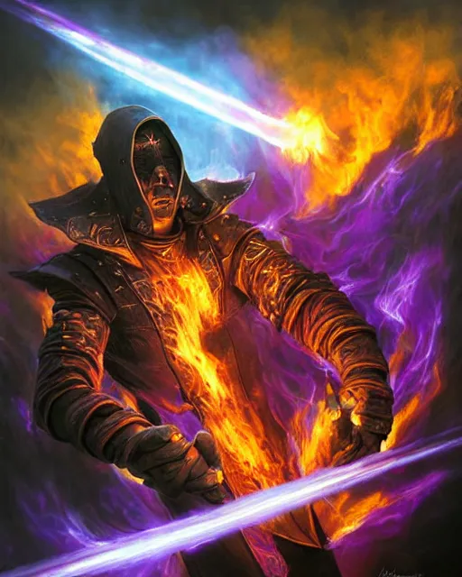 Prompt: pyromancer necromancer cover in purple flames, deep pyro colors, purple laser lighting, award winning photograph, radiant flares, realism, lens flare, intricate, various refining methods, micro macro autofocus, evil realm magic painting vibes, hyperrealistic painting by michael komarck - daniel dos santos