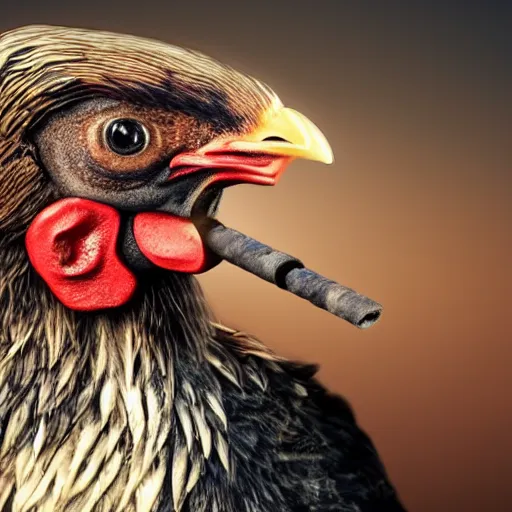 Prompt: a chicken smoking a cigar while riding a motorbike, realistic, 4 k