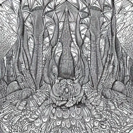 Image similar to Geometrically surreal mushroom city, extremely high detail, photorealistic, intricate line drawings, dotart, album art in the style of James Jean