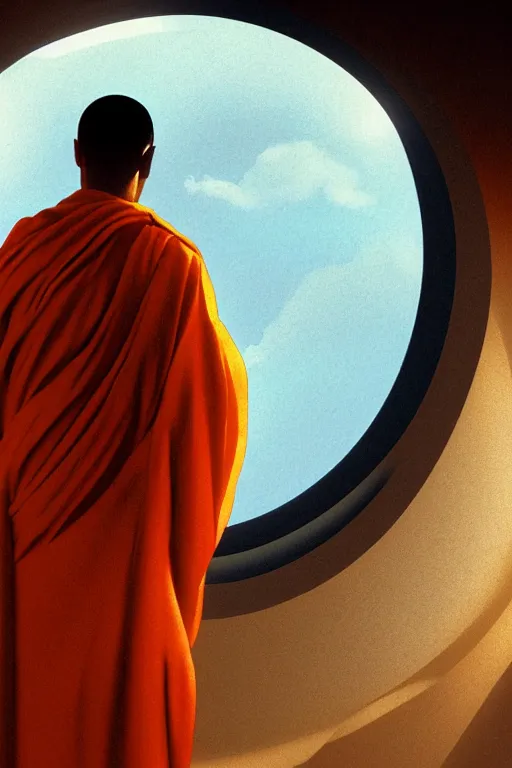 Prompt: portrait of a monk in a spaceship, looking out of a round window at nebula, orange robe, dramatic lighting, artstation, matte painting, ralph mcquarrie