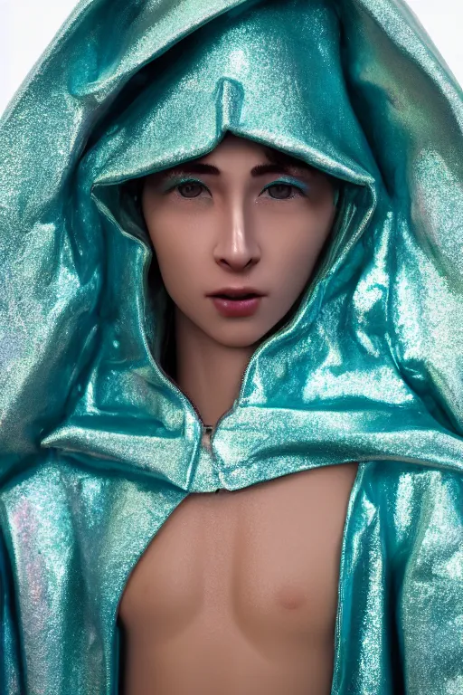 Image similar to hyper detailed ultra sharp photo of iridescent humanoid deity wearing teal plastic hooded cloak, in lourmarin, cinematic lighting, photorealistic, octane render 8 k