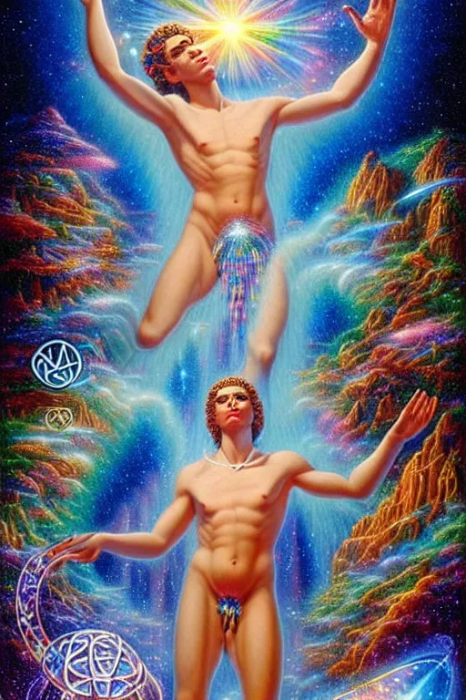 Prompt: a realistic detailed cinematic painting of a beautiful clear glass vibrant man consciousness of human evolution, strange miraculous entity reflecting light prism, life cycle, death, afterlife, reincarnation, love, memories, reuniting, spiritual enlightenment, manifestation, peace, opal statues adorned in jewels, by david a. hardy, kinkade, lisa frank, wpa, public works mural, socialist