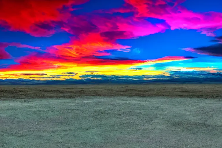 Image similar to Under a technicolor sky, 4k landscape