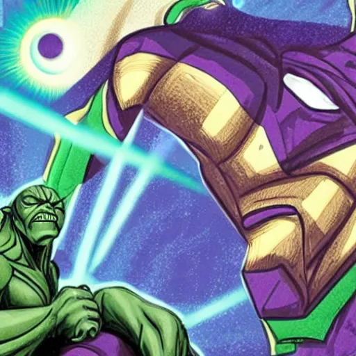 Image similar to photo of thanos sleeping in bed, next to yoda