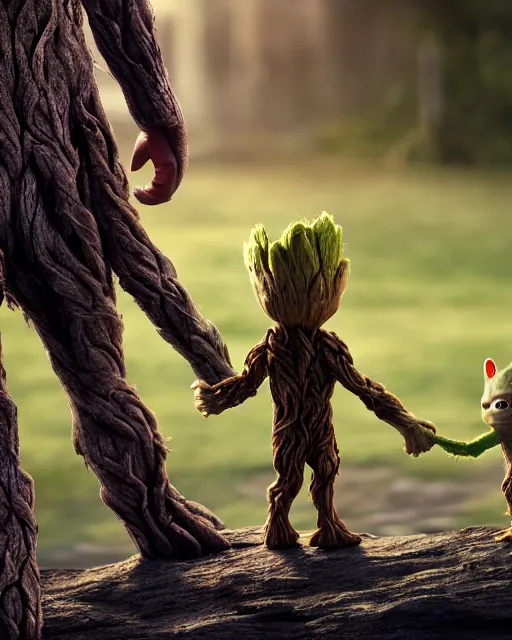 Prompt: a portrait of baby groot and baby yoda walking whilst holding hands, highly detailed, trending on artstation, bokeh, 9 0 mm, f / 1. 4