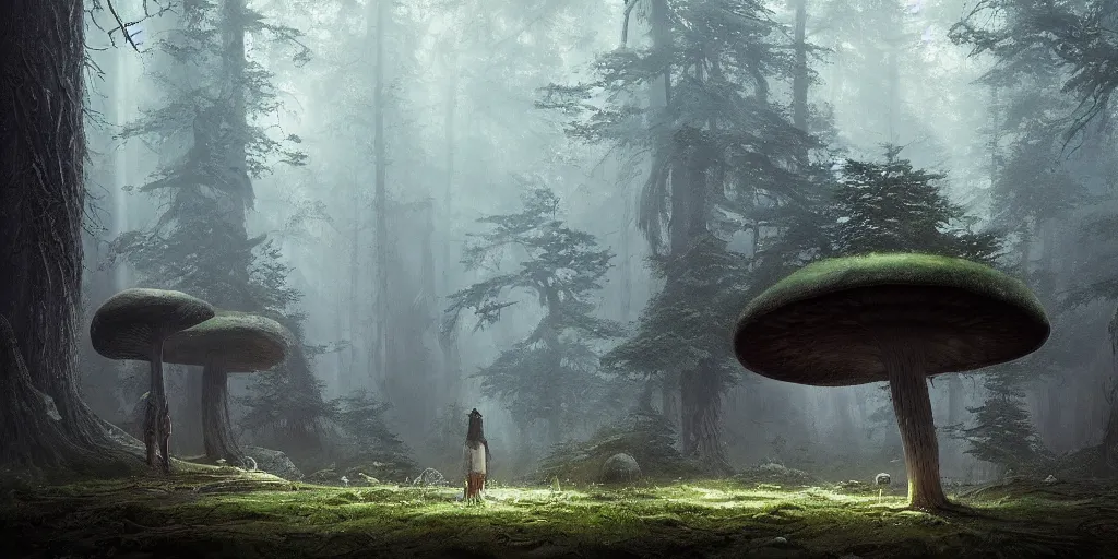 Image similar to an immense and powerful mushroom grows in a forest, it glows with an eery light, dark fantasy, Greg Rutkowski and Studio Ghibli and Ivan Shishkin