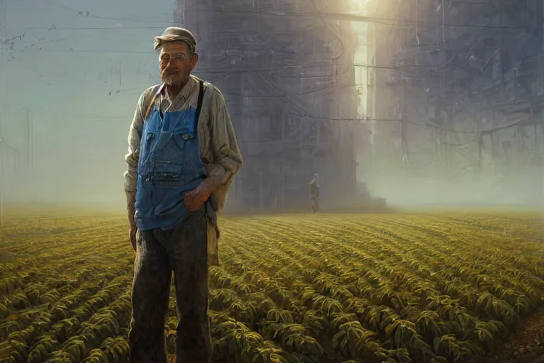 Image similar to A solarpunk very highly detailed farmer with very highly detailed face on the street of a very highly detailed smooth solarpunk city digital rational painting art by Greg Rutkowski, sci-fi highly detailed, digital concept art, Dimensional cyan gold natural light, sharp focus, Golden Ratio illustration, realistic concept art by Stephen Hickman and James Gurney and Hiromasa Ogura Ghost in the Shell rendered in Octane Render, From the distance