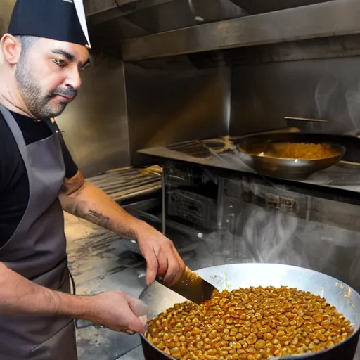 Image similar to karlos arguinano wearing a chef's hat cooking some lentils in hell