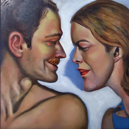 Image similar to perfectly centered symmetrical split male and female portrait of man and woman in love sharing one heart ; oil painting by will eisner, photorealistic, highly detailed