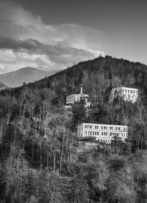 Prompt: old lost footage in black and white of a sanatorium on a beautiful mountain,hyper realistic 8K HD real life photo