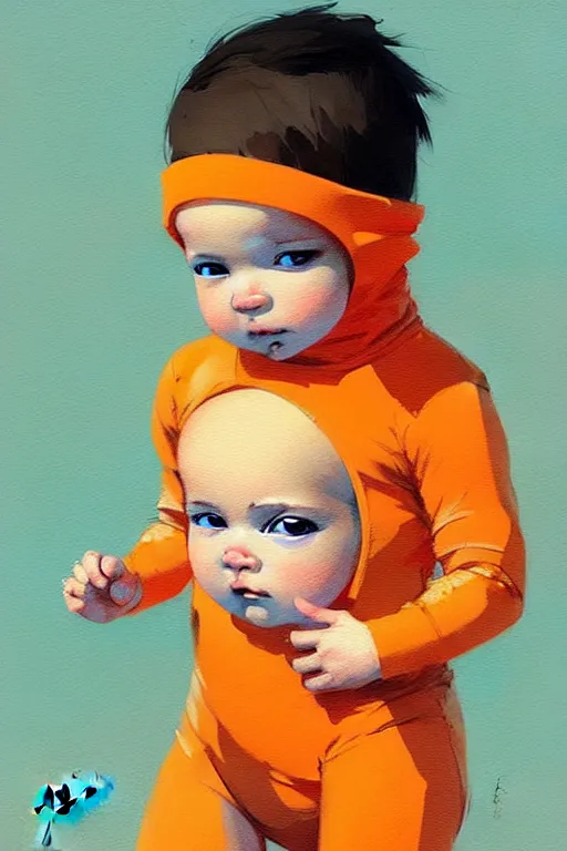 Image similar to a ultradetailed beautiful panting of a stylish baby cherub angel wearing a balaclava and orange jersey, by conrad roset, greg rutkowski and makoto shinkai, trending on artstation