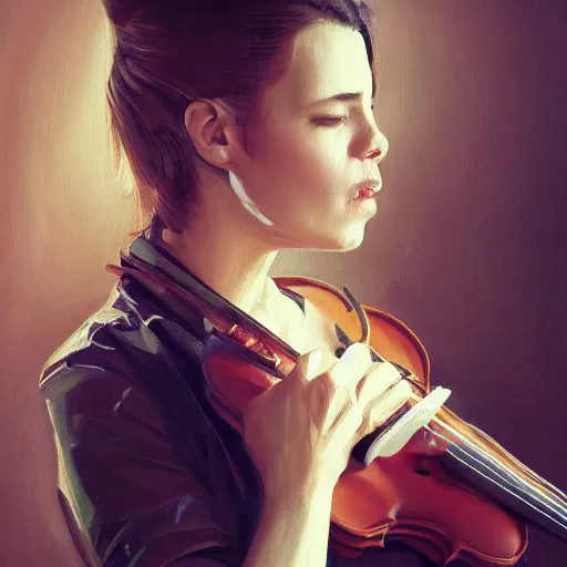 Image similar to violin character playing a woman, oil painting, artstation, dramatic lighting, symmetry, beautiful