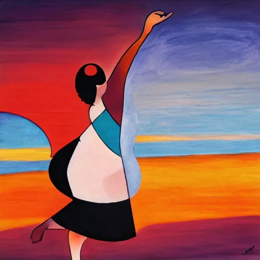 Image similar to beautiful sunset, fat woman dancing, cubism, muted colors, texture