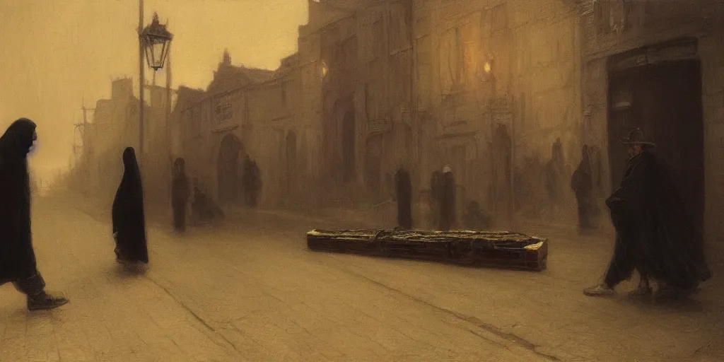 Prompt: a cloaked man dragging a black wooden coffin down the street by a chain lit only by gas lamps by john howe and henry ossawa tanner, trending on artstation, hyperrealism, highly detailed, art gallery, museum piece