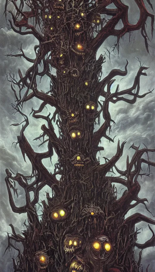 Prompt: a storm vortex made of many demonic eyes and teeth over a forest, by gerald brom,