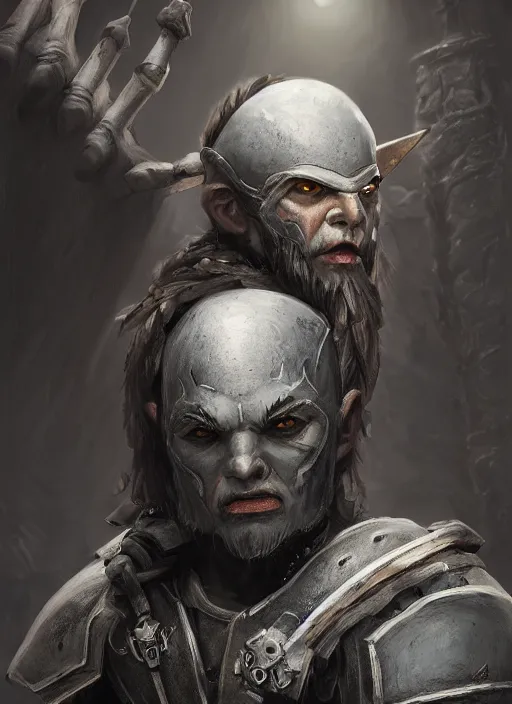 Image similar to A fantasy comic book style portrait painting of a gray dwarf with white eyes as a warrior in a atmospheric dark fortress, unreal 5, DAZ, hyperrealistic, octane render, RPG portrait, ambient light, dynamic lighting