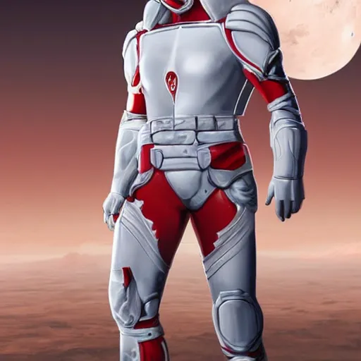 Image similar to tall muscular infantry man in glossy sleek white armor with a few red details and a long red cape, heroic posture, on the surface of mars, night time, dramatic lighting, cinematic, sci-fi, hyperrealistic, movie still