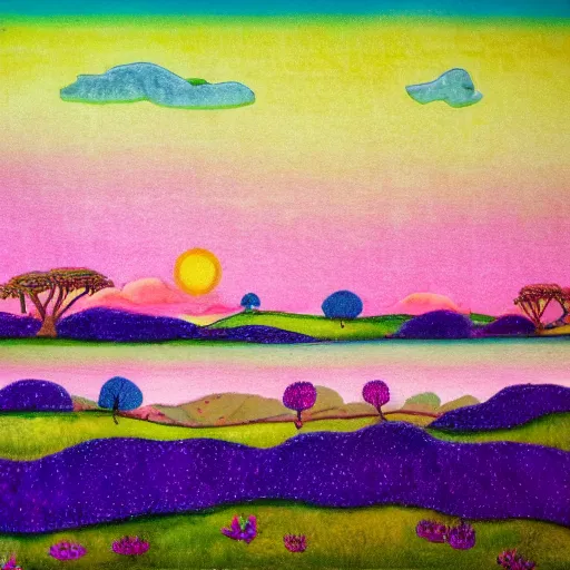 Image similar to a landscape with a purple sun with cotton candy trees flying ducks