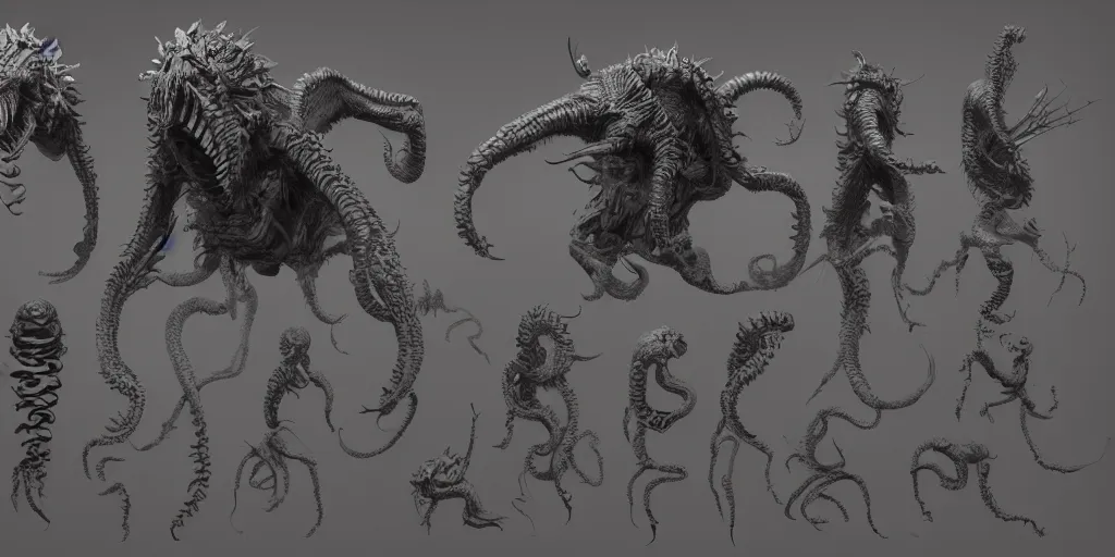 Image similar to lovecraftian creature design, character sheet, 3d render, Greg Rutkowski, Zabrocki, Karlkka, Jayison Devadas, Phuoc Quan, trending on Artstation, 8K, ultra wide angle, zenith view, pincushion lens effect