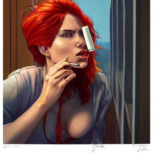 Prompt: a beautiful artwork portrait of a woman with a white shirt and red hair smoking a cigarette on a hotel balcony by Jerome Opeña, featured on artstation