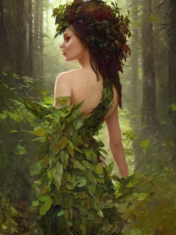 Prompt: portrait of a forest mage, female, dress made of green leaves, gorgeous, green hair, brown skin, curves, forest background, sharp focus, digital painting, artgerm and greg rutkowski and alphonse mucha