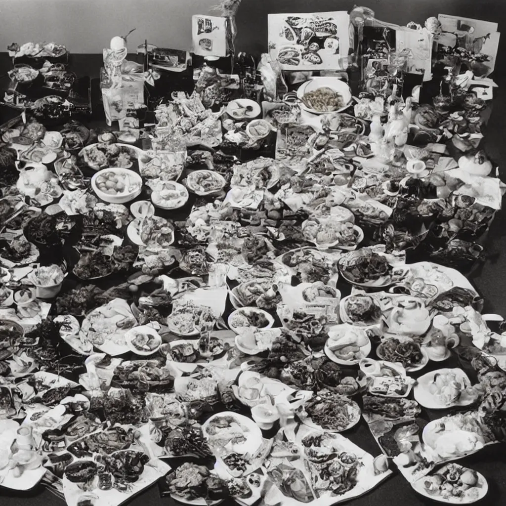 Image similar to a 70s photo of a spread of horrible food sculptures