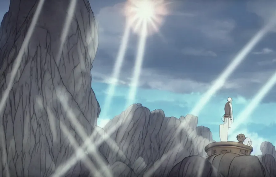 Image similar to a movie still from howl's moving castle ( 2 0 0 4 ). realistic cell - shaded cartoon of a monk in a grey robe in the background is a white pristine pyramid in the ocean. shafts of sunlight come from above. wide shot, very dull muted colors, hd, 4 k, hq