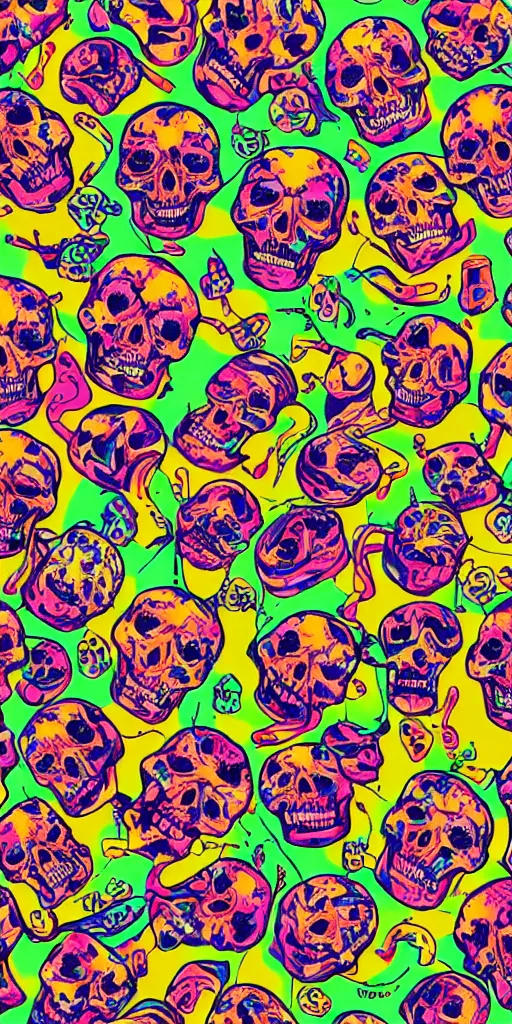 Prompt: seamless pattern of skulls and snakes, colourful, symmetrical, repeating 35mm photography