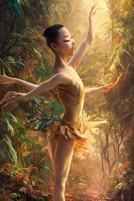 Image similar to stunningly beautiful, asian prima ballerina in jungle, symmetrical face, golden hour, smooth, focus, highly detailed, hyper realistic, dramatic lighting, elegant, intricate, concept art, art by wlop, mars ravelo, greg rutowski