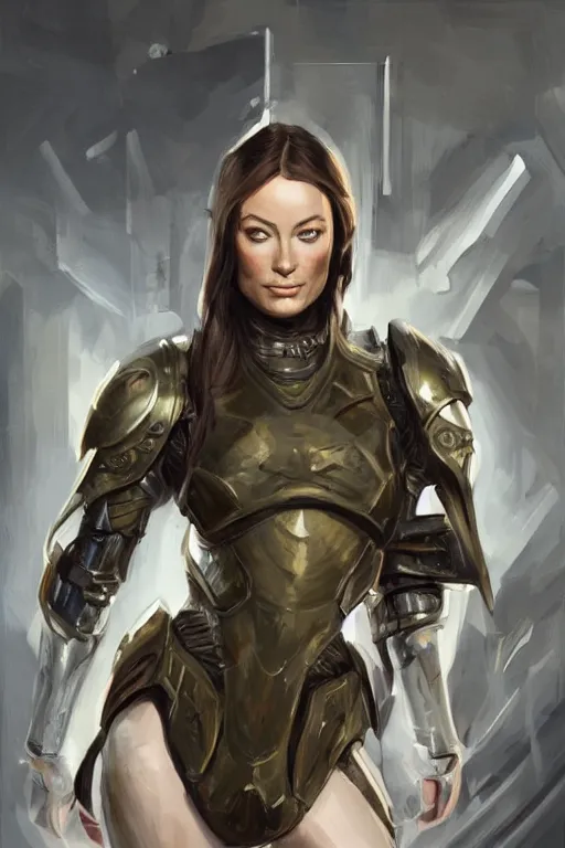 Image similar to a professional painting of a young Olivia Wilde, clothes in military armor, olive skin, long dark hair, beautiful bone structure, symmetrical facial features, intricate, elegant, digital painting, concept art, smooth, sharp focus, illustration, from StarCraft by Ruan Jia and Mandy Jurgens and Artgerm and William-Adolphe Bouguerea