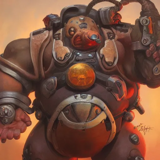 Image similar to detailed portrait of roadhog from overwatch, intricate, hyper detailed, realistic, oil painting, by julie bell, frank frazetta, cinematic lighting