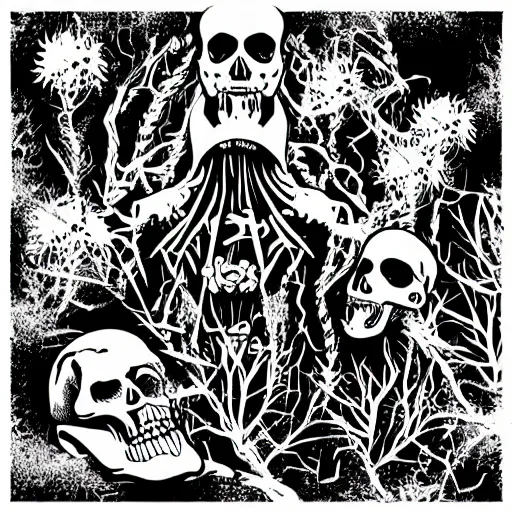 Image similar to dark death metal themed vector illustration for a record label, trees. forest, spikes, skull, microphone, skull, award winning, grunge, iconic, golden ratio