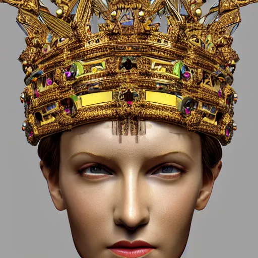 Prompt: a beautiful symmetrical face wearing a crown made of golden ornaments and gems by alex gray and android jones, 3D, 8k resolution