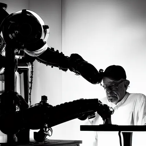 Image similar to bernie sanders putting the finishing touches on a magical clockwork doomsday robot, black and white photo, cinematic moody lighting