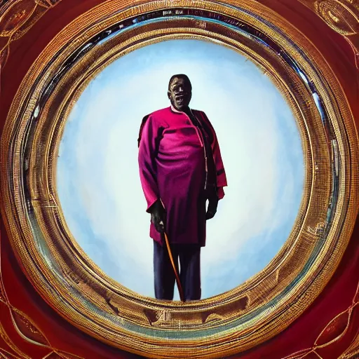 Image similar to a painting of a wise elder from Kenya in a suit by Kehinde Wiley . dramatic angle, ethereal lights, details, smooth, sharp focus, illustration, realistic, cinematic, artstation, award winning, rgb , unreal engine, octane render, cinematic light, macro, depth of field, blur, red light and clouds from the back, highly detailed epic cinematic concept art CG render made in Maya, Blender and Photoshop, octane render, excellent composition, dynamic dramatic cinematic lighting, aesthetic, very inspirational, arthouse.