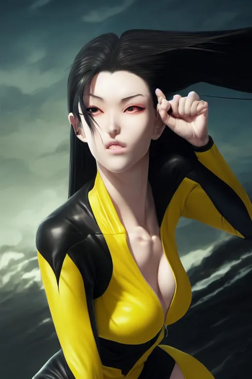 Image similar to black ponytail hair, pale woman in a black unzipped jacket and yellow bikini, yellow eyes, by artgerm, black backdrop, masterpiece, beautiful render, matte painting, realistic, fighting pose, dynamic angle, beautiful face, young half asian woman, by greg rutkowski makoto shinkai takashi takeuchi