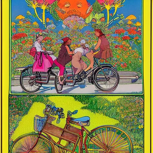 Prompt: hoffman bicycle trip, blotter art, in the style of robert crumb and lisa frank, studio ghibli, mucha, art nuevo, art deco, beautiful nature, serenity, cartoon