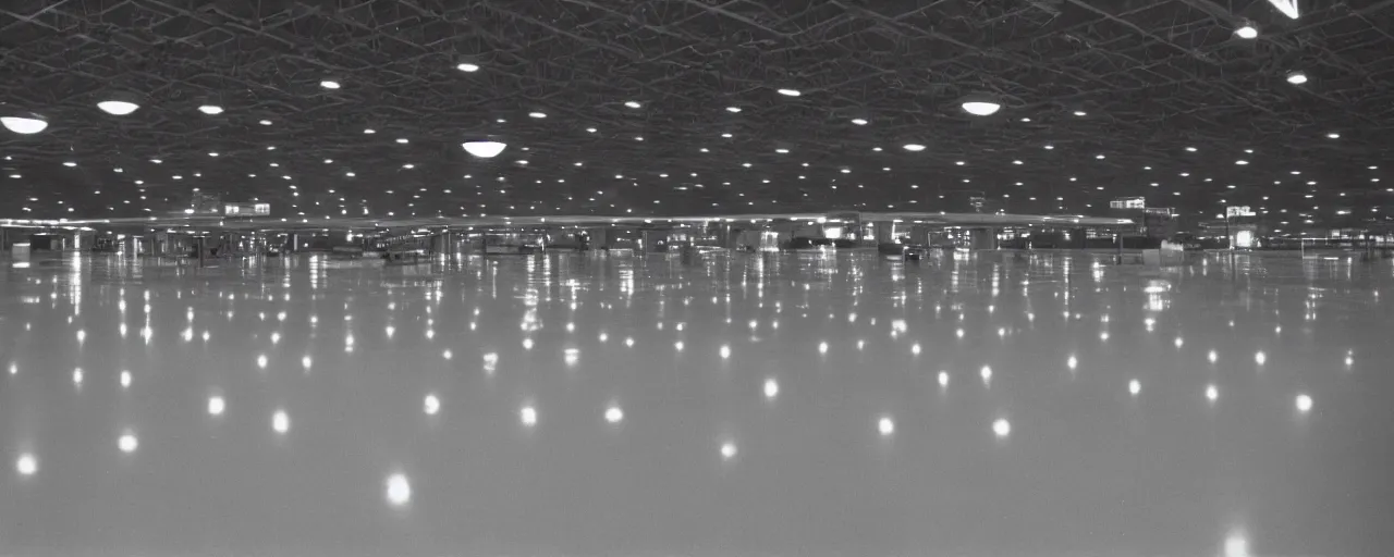 Prompt: the inside of an empty airport, late at night, eerie, 1 9 8 0 s