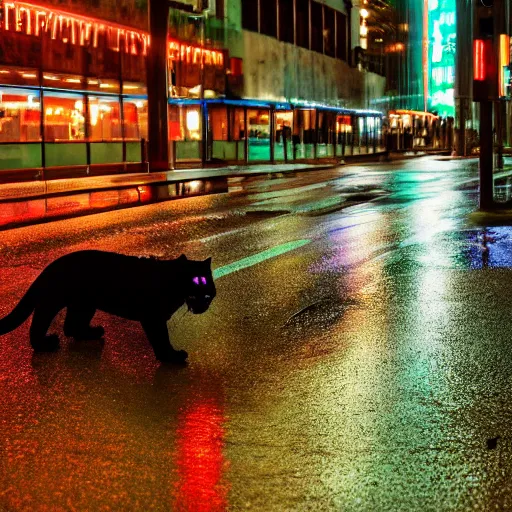 Image similar to a high quality low wide angle photo of a panther on the streets of a cyberpunk city, rainy, reflective ground, neon lights, realism, 8k