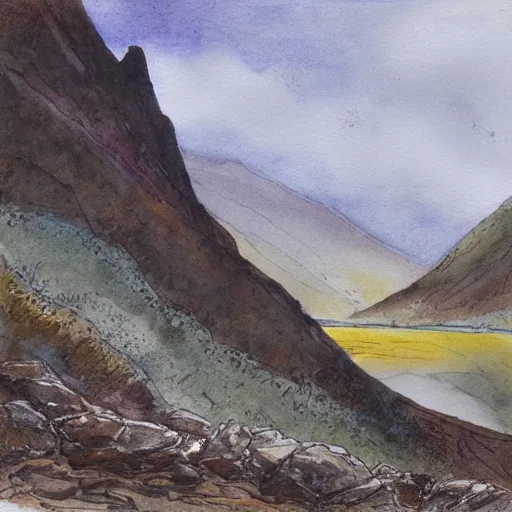 Image similar to wastwater screes in early evening light painted in watercolours and pencil by william heaton cooper and rock textures by julian cooper