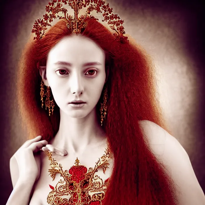 Image similar to photo portrait of a beautiful woman like a queen-ethereal-angel, dressed in long elegant intricate ornamental baroque white dress, natural skin tone, intricate fractal highly detailed baroque ornament in the upper side of breast, bust with a very long neck , elegant, highly detailed intricate baroque ornament in her red hair, Realistic, Refined, Highly Detailed, Cinematic Lighting, fine art photography by Paolo Roversi, volumetric studio lighting, hyper realistic photography