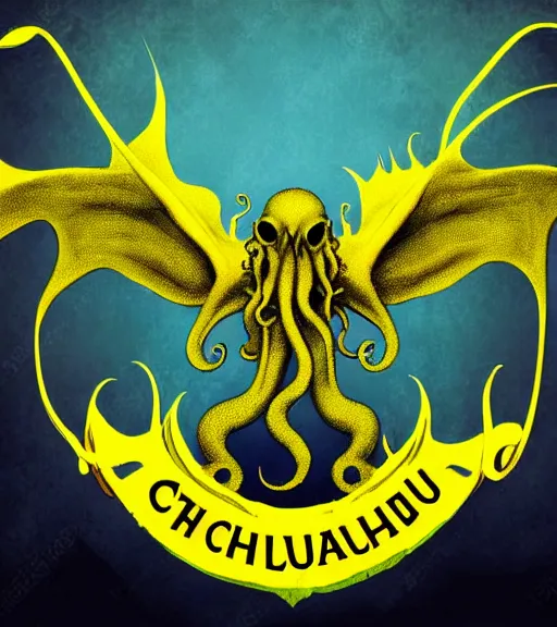 Prompt: cthulhu winged, yellow background, disney movie poster style, animation