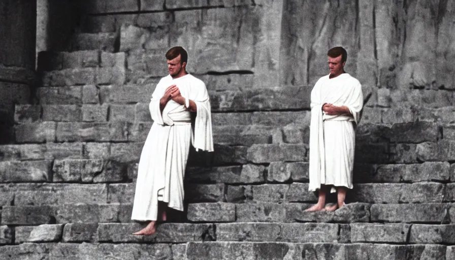 Image similar to 1 9 6 0 s movie still close - up of caligula in a white toga stabbed to death bleeding heavy blood on ancient amphitheater's stairs, cinestill 8 0 0 t 3 5 mm, high quality, heavy grain, high detail, dramatic light, anamorphic, blood