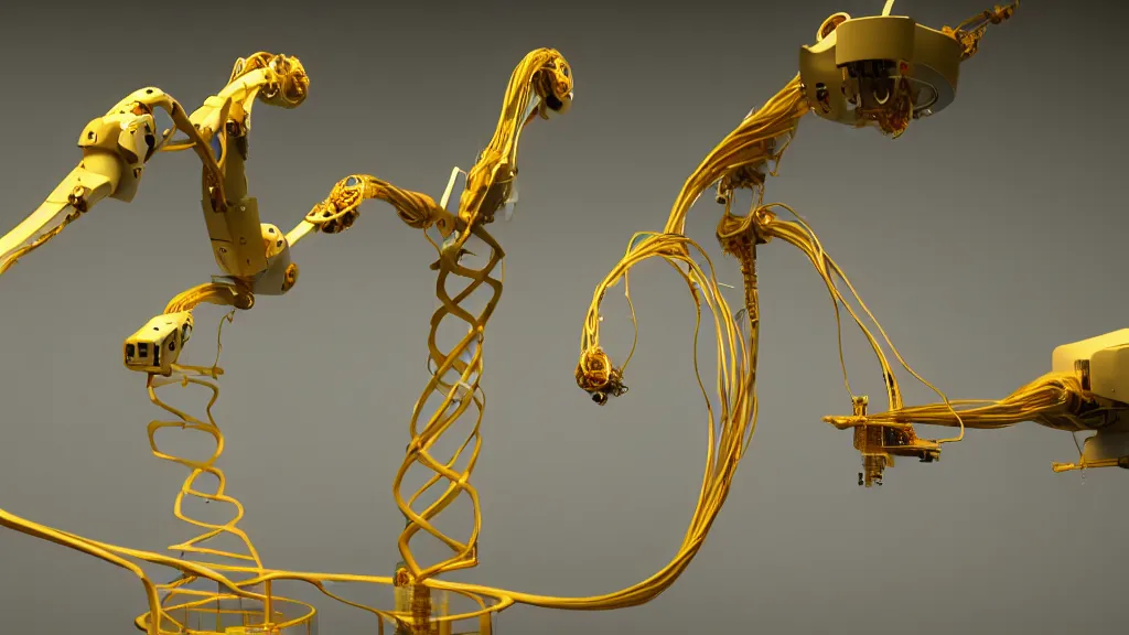 Image similar to a complex bifurcated robotic cnc surgical arm hybrid 3 d printer machine making organic ceramic kintsugi mandlebulb forms in the laboratory room, very thin gold wire, film still from the movie directed by denis villeneuve with art direction by salvador dali, wide lens, f 3 2, cinematic lighting, studio quality, smooth render, unreal engine 5 rendered, octane rendered