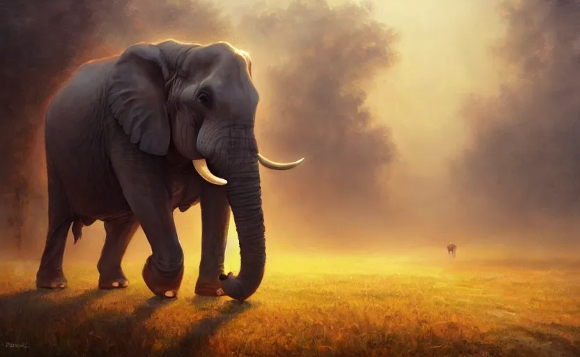 Image similar to a masterpiece oil painting of a marching elephant. wide angle, fantasy art, golden hour, by artgerm, fog, finger of god, amazing wallpaper