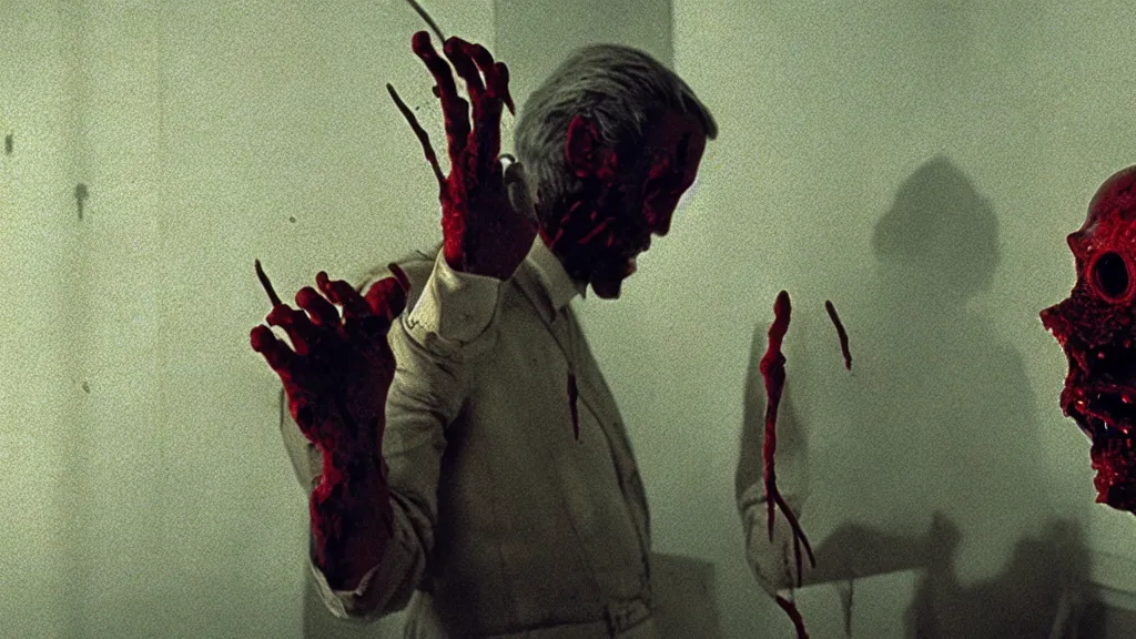 Image similar to the strange creature talks on the phone, made of blood, film still from the movie directed by Denis Villeneuve with art direction by Salvador Dalí, wide lens
